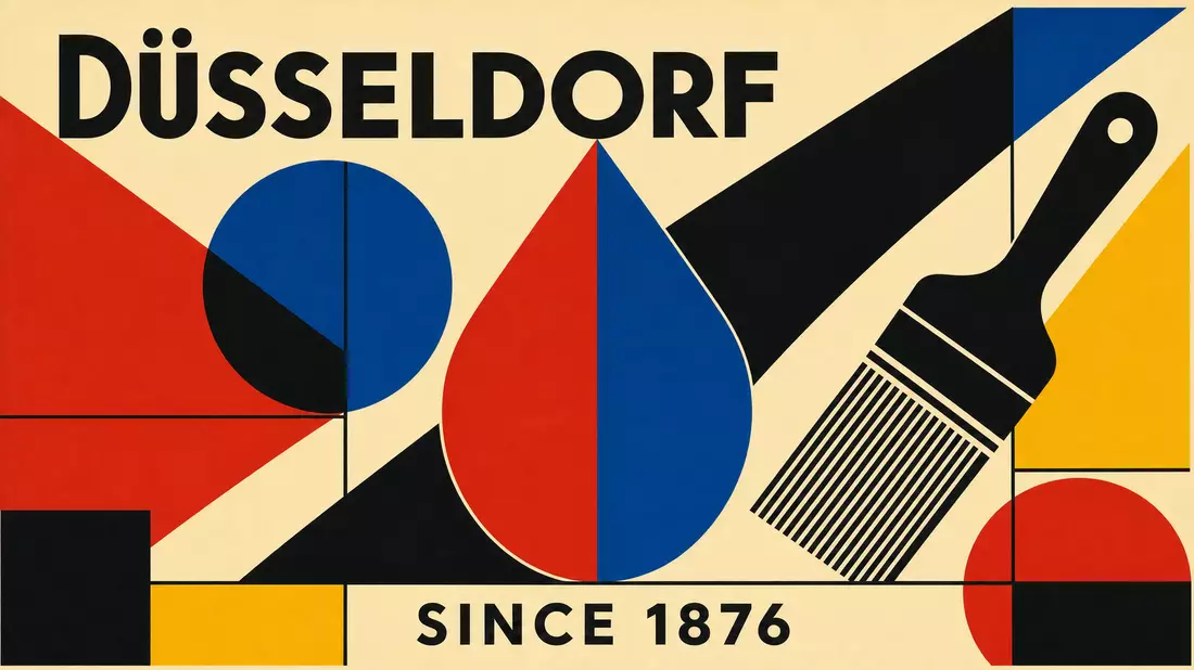Bauhaus-Poster mit geometrischem Tropfen und Pinsel in Rot, Blau und Gelb, Schrift DÜSSELDORF und SINCE 1876