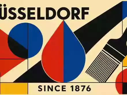 Geometrisches Bauhaus-Poster im Stil der 1920er-Jahre mit einem stilisierten Tropfen, einem Pinsel und den Texten »DÜSSELDORF« und »SINCE 1876« in Primary Colors – spielt auf die Gründungsgeschichte der Henkel AG & Co. KGaA (ISIN DE0006048432) im Jahr 1876 in Düsseldorf an - Foto: THN