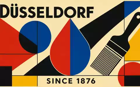 Geometrisches Bauhaus-Poster im Stil der 1920er-Jahre mit einem stilisierten Tropfen, einem Pinsel und den Texten »DÜSSELDORF« und »SINCE 1876« in Primary Colors – spielt auf die Gründungsgeschichte der Henkel AG & Co. KGaA (ISIN DE0006048432) im Jahr 1876 in Düsseldorf an - Foto: THN