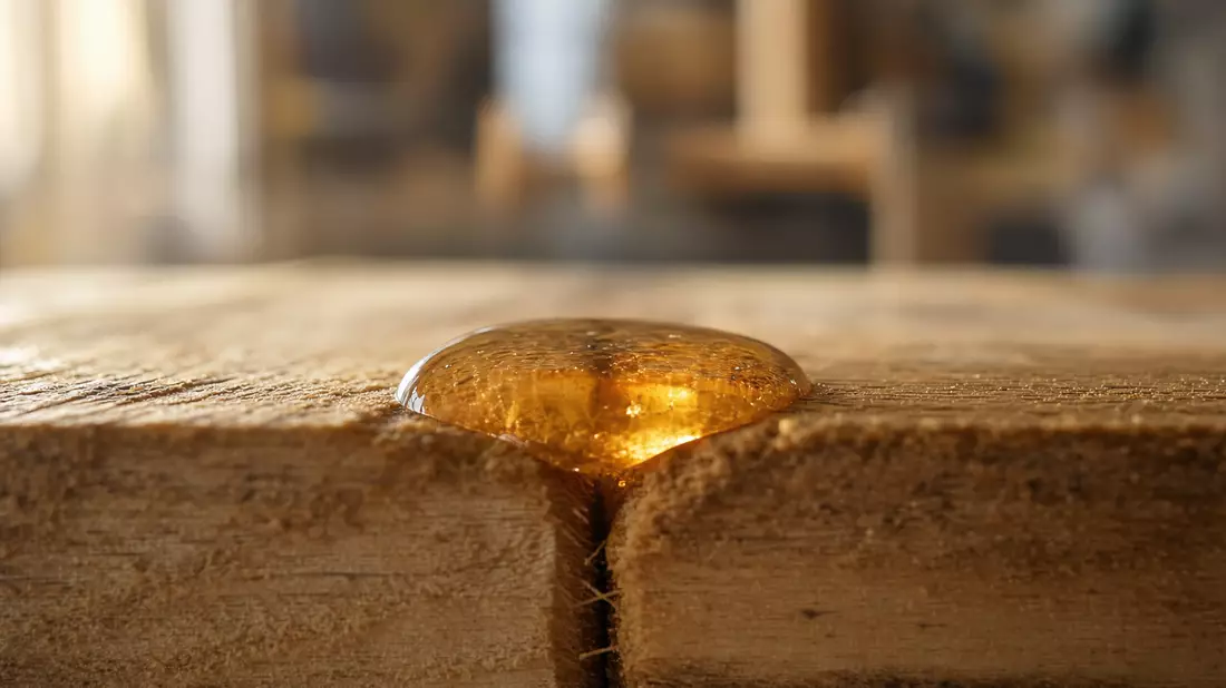 Makroaufnahme eines transparenten bernsteinfarbenen Klebstofftropfens an der Fuge zweier Holzwerkstücke, Werkstatt-Bokeh