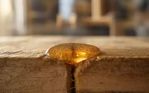 Extreme Makroaufnahme eines bernsteinfarbenen Klebstofftropfens, der zwei Holzwerkstücke miteinander verbindet – versinnbildlicht die Kernkompetenz im Klebstoffsegment der Henkel AG & Co. KGaA (ISIN DE0006048432), zu deren Portfolio globale Klebtechnologien für Industrie und Endverbraucher zählen - Foto: THN