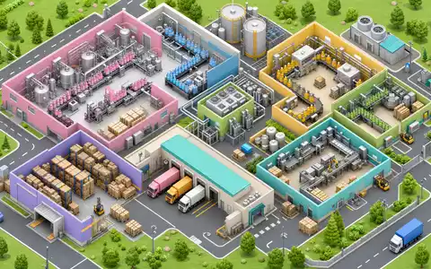 Isometrische 3D-Render-Illustration eines bunten Miniatur-Konsumgüterwerks mit Abfüllanlagen, Lager, Förderbändern, Gabelstaplern und Lkw – zeigt die vertikale Wertschöpfungskette der Henkel AG & Co. KGaA (ISIN DE0006048432) von der Produktion bis zur Auslieferung - Foto: THN
