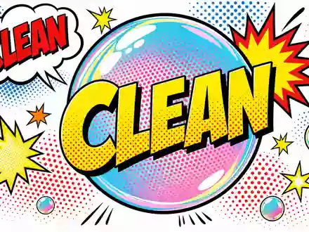 Kraftvolles Pop-Art-Comic-Bild im Lichtenstein-Stil mit riesiger bunter Seifenblase, Sternenexplosionen und dem Schriftzug »CLEAN« in kräftigen Lettern – eine energiegeladene visuelle Interpretation des Reinigungs- und Waschmittelsegments der Henkel AG & Co. KGaA (ISIN DE0006048432) - Foto: THN
