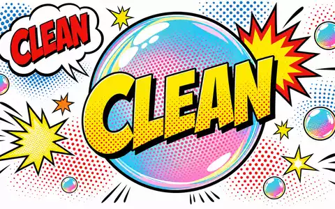 Kraftvolles Pop-Art-Comic-Bild im Lichtenstein-Stil mit riesiger bunter Seifenblase, Sternenexplosionen und dem Schriftzug »CLEAN« in kräftigen Lettern – eine energiegeladene visuelle Interpretation des Reinigungs- und Waschmittelsegments der Henkel AG & Co. KGaA (ISIN DE0006048432) - Foto: THN