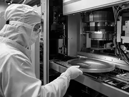 Schwarzweiße Reportagefotografie eines Reinraumtechnikers im Bunny-Suit an einer Lithografieanlage – dokumentarisch wie in den Fertigungsstätten von Infineon Technologies AG (ISIN DE0006231004) zu finden, die auf Halbleiter-Mikroelektronik spezialisiert sind - Foto: THN