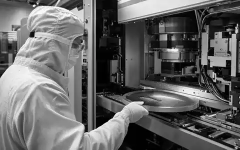 Schwarzweiße Reportagefotografie eines Reinraumtechnikers im Bunny-Suit an einer Lithografieanlage – dokumentarisch wie in den Fertigungsstätten von Infineon Technologies AG (ISIN DE0006231004) zu finden, die auf Halbleiter-Mikroelektronik spezialisiert sind - Foto: THN