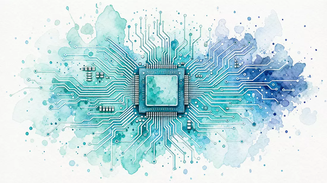 Aquarell-Illustration eines Mikrochips mit Schaltkreisen in Blau und Türkis