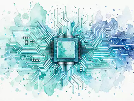 Aquarell-Illustration eines stilisierten Mikrochips mit fließenden Schaltkreisbahnen in Aquatönen – künstlerische Darstellung der Mikroelektronik-Technologie, wie sie von Infineon Technologies AG (ISIN DE0006231004) im Segment Halbleiter entwickelt wird - Foto: THN
