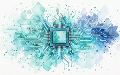 Aquarell-Illustration eines stilisierten Mikrochips mit fließenden Schaltkreisbahnen in Aquatönen – künstlerische Darstellung der Mikroelektronik-Technologie, wie sie von Infineon Technologies AG (ISIN DE0006231004) im Segment Halbleiter entwickelt wird - Foto: THN