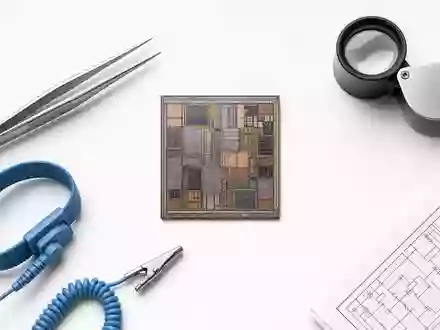 Top-down-Flatlay mit Mikrochip, Pinzette, antistatischem Wristband, Lupe und Schaltplan auf weißem Untergrund – klassisches Motiv für die Präzisionstechnik der Halbleiterbranche, in der auch Infineon Technologies AG (ISIN DE0006231004) tätig ist - Foto: THN