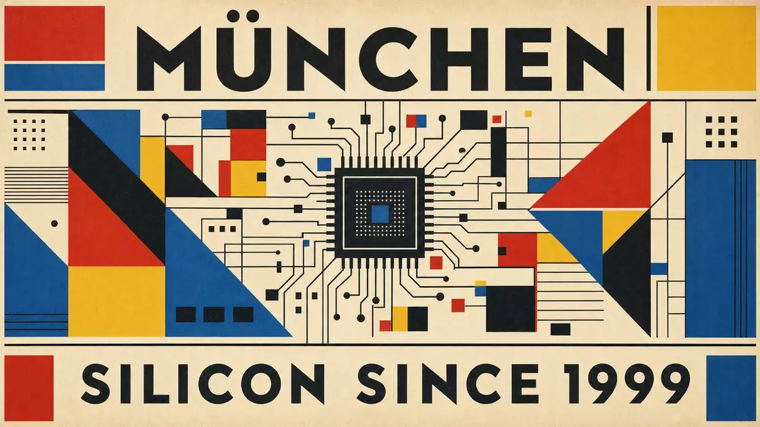 Bauhaus-Poster mit geometrischem Chip-Motiv, MÜNCHEN und SILICON SINCE 1999