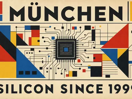 Vintage-Bauhaus-Poster mit geometrischem Schaltkreis-Motiv, Aufschriften MÜNCHEN und SILICON SINCE 1999 – ein stilisierter Bezug auf den bayerischen Halbleiterstandort, an dem auch Infineon Technologies AG (ISIN DE0006231004) seit 1999 ihren Sitz hat - Foto: THN