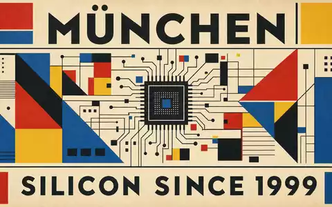 Vintage-Bauhaus-Poster mit geometrischem Schaltkreis-Motiv, Aufschriften MÜNCHEN und SILICON SINCE 1999 – ein stilisierter Bezug auf den bayerischen Halbleiterstandort, an dem auch Infineon Technologies AG (ISIN DE0006231004) seit 1999 ihren Sitz hat - Foto: THN