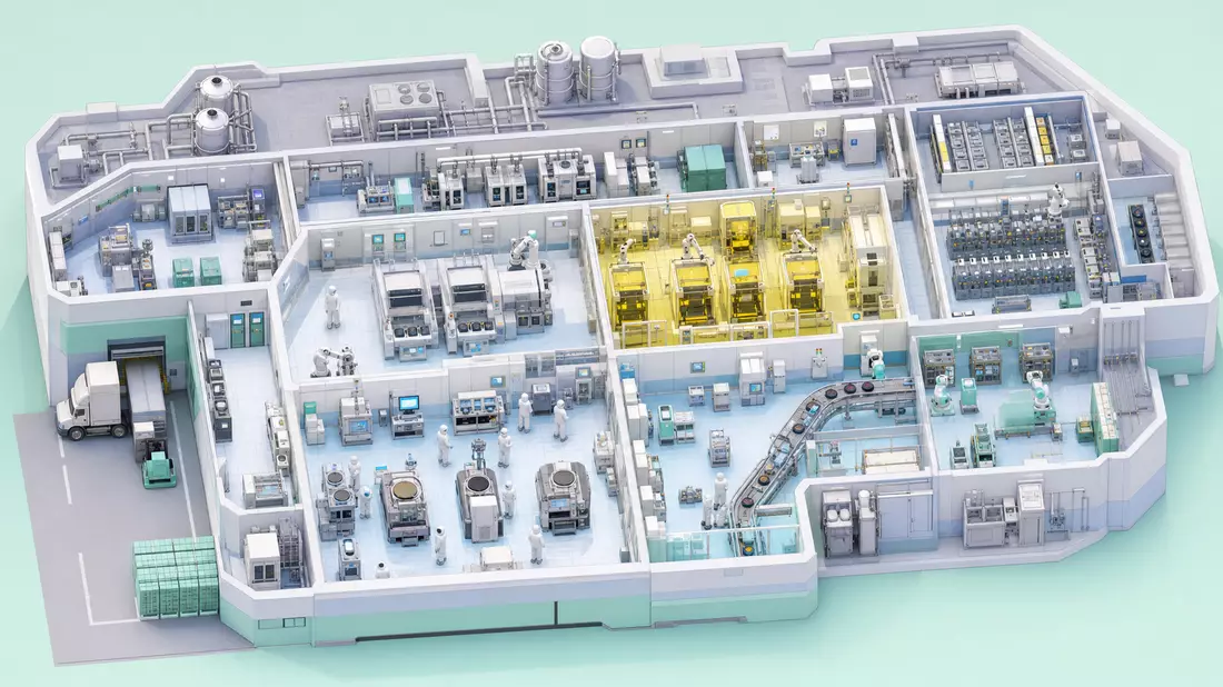Isometrischer 3D-Render einer Miniatur-Chipfabrik mit Wafer-Produktionslinien