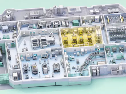 Isometrischer 3D-Render einer miniaturisierten Chipfabrik mit Wafer-Linien, gelber Lithografiezone und Roboterarm-Systemen – illustriert den komplexen Produktionsprozess von Halbleiterunternehmen wie Infineon Technologies AG (ISIN DE0006231004) - Foto: THN