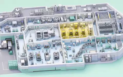Isometrischer 3D-Render einer miniaturisierten Chipfabrik mit Wafer-Linien, gelber Lithografiezone und Roboterarm-Systemen – illustriert den komplexen Produktionsprozess von Halbleiterunternehmen wie Infineon Technologies AG (ISIN DE0006231004) - Foto: THN