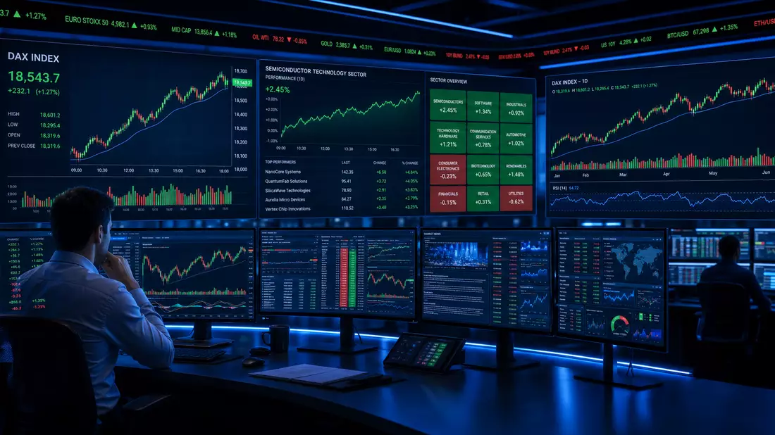 Trading-Screens mit DAX-Index und Halbleiter-Technologie-Sektorcharts