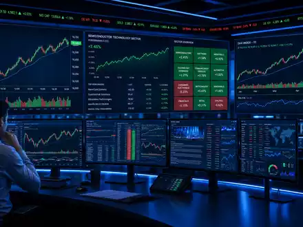 Finanz-Editorial mit mehreren Trading-Screens, DAX-Index-Daten und Halbleiter-Sektorcharts in einem blauen Handelsraum – illustriert die Börsenrelevanz von Halbleiteraktien wie Infineon Technologies AG (ISIN DE0006231004) im DAX-Index - Foto: THN