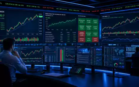 Finanz-Editorial mit mehreren Trading-Screens, DAX-Index-Daten und Halbleiter-Sektorcharts in einem blauen Handelsraum – illustriert die Börsenrelevanz von Halbleiteraktien wie Infineon Technologies AG (ISIN DE0006231004) im DAX-Index - Foto: THN