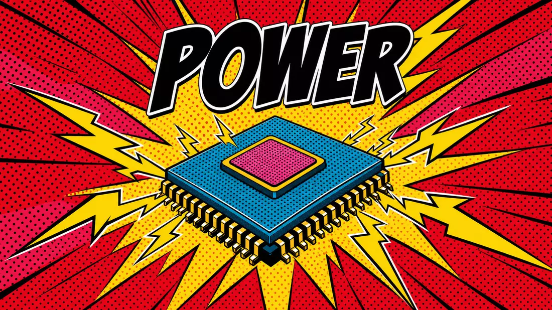 Pop-Art-Comic eines Mikrochips mit Blitzen und POWER-Schriftzug