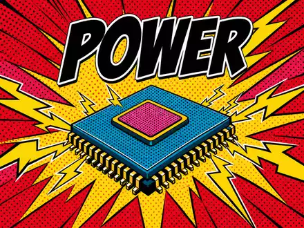 Pop-Art-Comicillustration eines stilisierten Mikrochips mit gelben Blitzen und der Aufschrift POWER – dynamische Darstellung der Energieeffizienz und Leistungsfähigkeit moderner Halbleiter, für die Infineon Technologies AG (ISIN DE0006231004) bekannt ist - Foto: THN