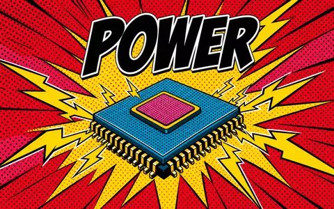 Pop-Art-Comicillustration eines stilisierten Mikrochips mit gelben Blitzen und der Aufschrift POWER – dynamische Darstellung der Energieeffizienz und Leistungsfähigkeit moderner Halbleiter, für die Infineon Technologies AG (ISIN DE0006231004) bekannt ist - Foto: THN