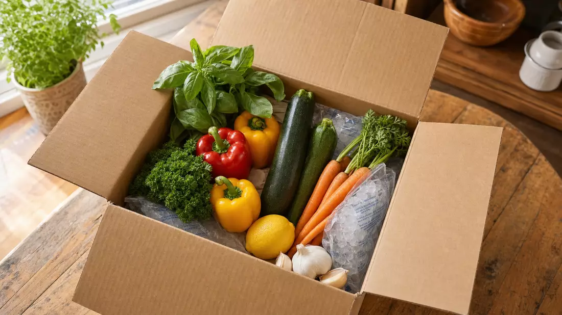 Offene Versandbox mit frischem Gemüse, Kräutern und Kühlpacks auf Holztisch
