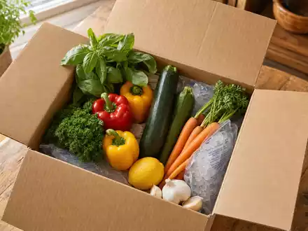 Fotorealistische Aufnahme einer offenen braunen Versandbox mit frischen Zutaten auf einem Holztisch — Motiv für HelloFresh SE (ISIN DE000A161408), dem führenden Meal-Kit-Lieferdienst Berlins - Foto: THN