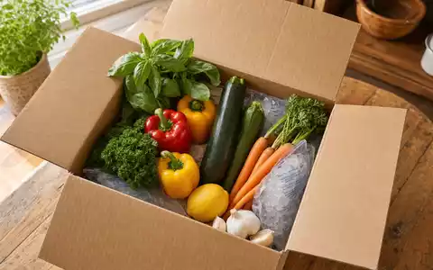 Fotorealistische Aufnahme einer offenen braunen Versandbox mit frischen Zutaten auf einem Holztisch — Motiv für HelloFresh SE (ISIN DE000A161408), dem führenden Meal-Kit-Lieferdienst Berlins - Foto: THN