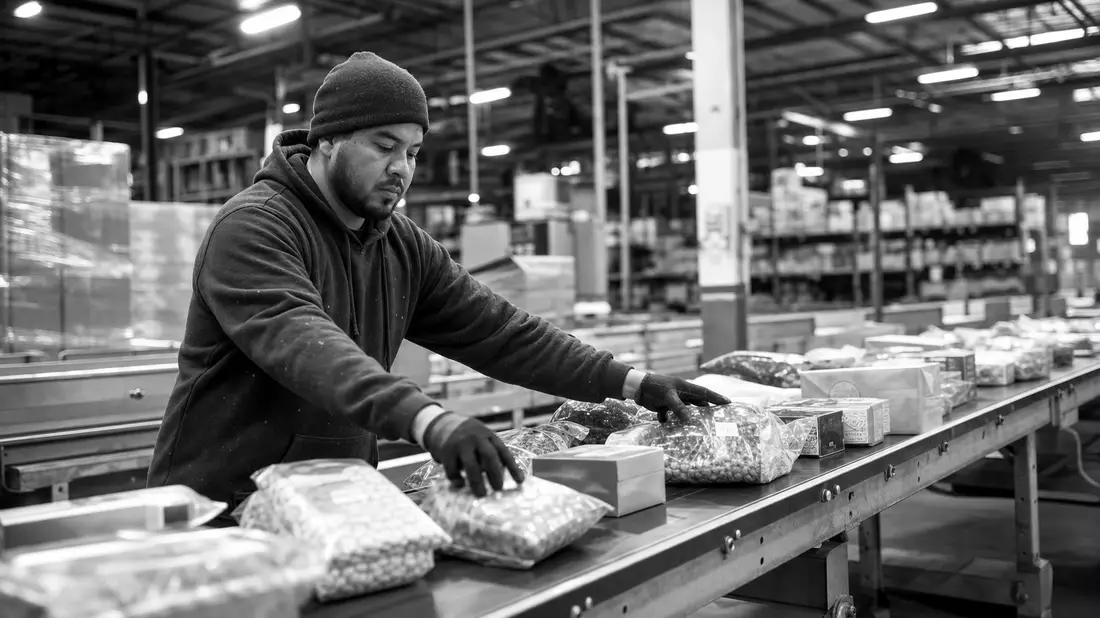 Schwarzweiß-Reportagefoto: Lagerarbeiter sortiert Pakete auf Förderband in Logistikzentrum