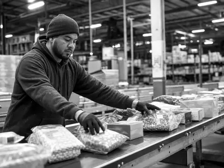 Dokumentarischer Schwarzweiß-Reportagestil zeigt einen Lagerarbeiter beim Sortieren von Lebensmittelpaketen in einem Fulfillment-Zentrum — Hintergrundmotiv für HelloFresh SE (ISIN DE000A161408) - Foto: THN