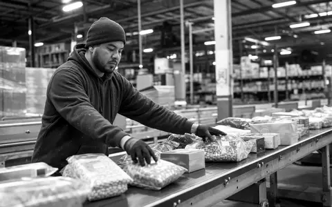 Dokumentarischer Schwarzweiß-Reportagestil zeigt einen Lagerarbeiter beim Sortieren von Lebensmittelpaketen in einem Fulfillment-Zentrum — Hintergrundmotiv für HelloFresh SE (ISIN DE000A161408) - Foto: THN