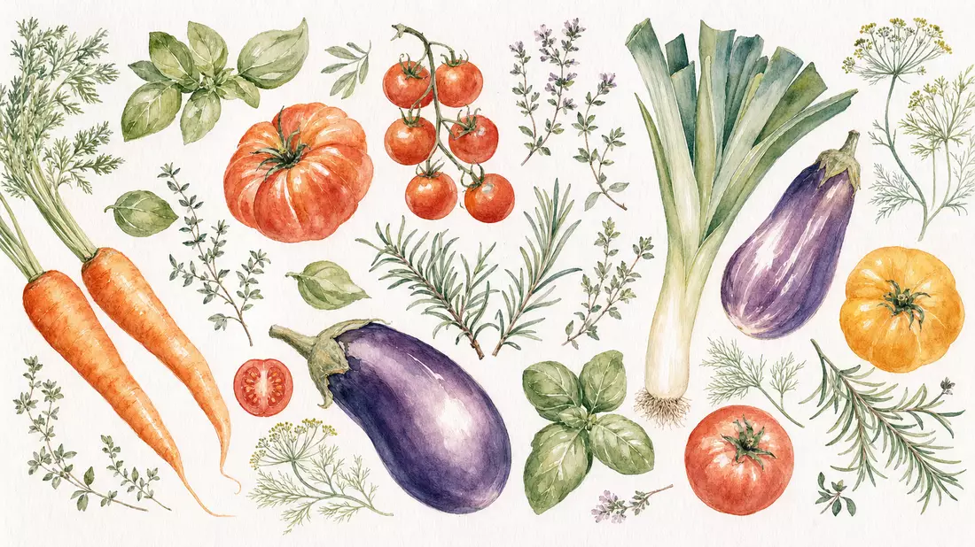 Aquarell-Illustration mit Karotten, Tomaten, Aubergine, Lauch und Kräutern in Pastellfarben.