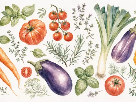 Aquarell-Illustration stilisierter frischer Gemüse und Kräuter in zarten Pastellfarben — dekoratives Motiv im Stil des Online-Lebensmittel-Segments von HelloFresh SE (ISIN DE000A161408) - Foto: THN