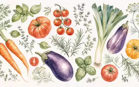 Aquarell-Illustration stilisierter frischer Gemüse und Kräuter in zarten Pastellfarben — dekoratives Motiv im Stil des Online-Lebensmittel-Segments von HelloFresh SE (ISIN DE000A161408) - Foto: THN