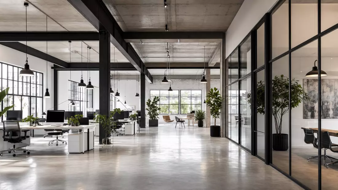 Modernes Berliner Loft-Büro mit Glaswänden, Sichtbeton und offener Arbeitsfläche