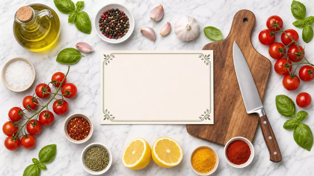 Flatlay: Rezeptkarte, Schneidebrett, Messer, Olivenöl, Tomaten und Gewürze auf Marmor