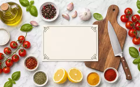 Top-down-Flatlay-Food-Fotografie mit generischer Rezeptkarte, Schneidebrett, Messer, Olivenöl, Gewürzen und Tomaten — Zutaten-Stillleben im Stil des Meal-Kit-Konzepts von HelloFresh SE (ISIN DE000A161408) - Foto: THN