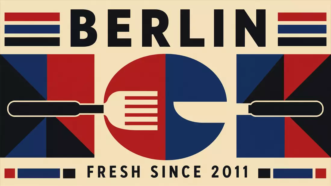 Bauhaus-Poster: geometrische Gabel und Messer mit Schriftzug BERLIN und FRESH SINCE 2011