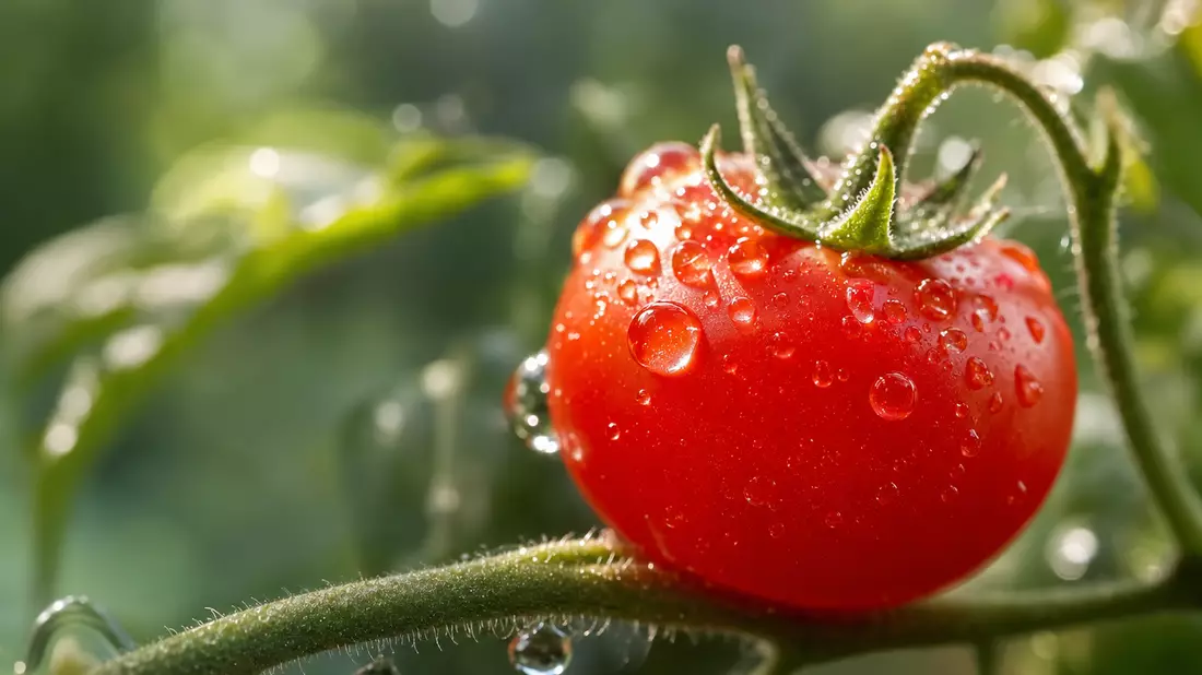 Makrofoto: Rote Kirschtomate mit Wassertropfen vor grünem Bokeh-Hintergrund