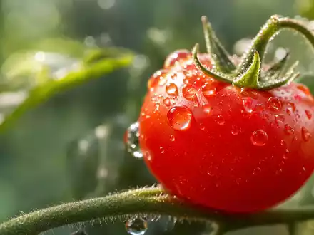 Extreme Makrofotografie einer einzelnen frischen Kirschtomate mit glänzenden Wassertropfen — Frischebild im Kontext der Lebensmittelqualität von HelloFresh SE (ISIN DE000A161408) - Foto: THN