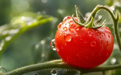 Extreme Makrofotografie einer einzelnen frischen Kirschtomate mit glänzenden Wassertropfen — Frischebild im Kontext der Lebensmittelqualität von HelloFresh SE (ISIN DE000A161408) - Foto: THN