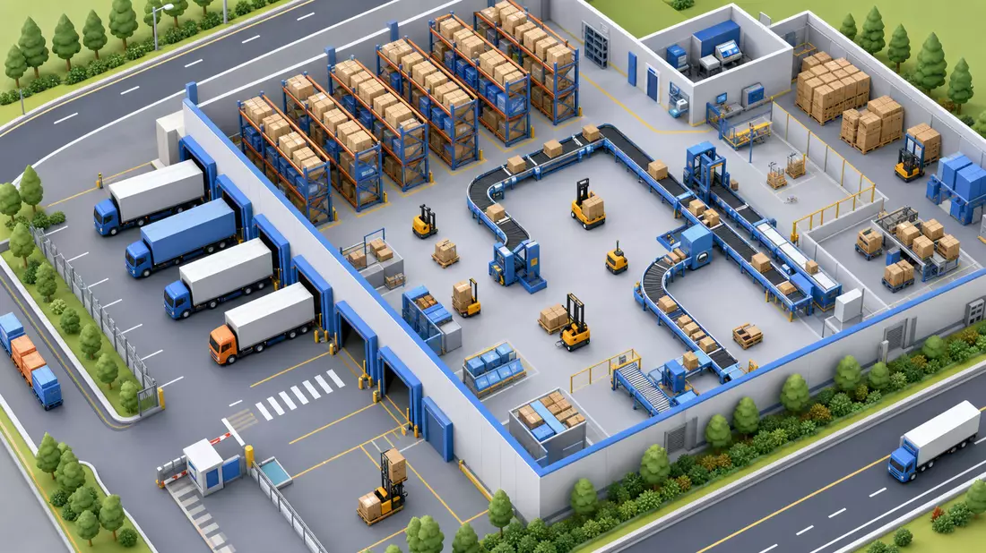 Isometrischer 3D-Render: Miniatur-Logistikzentrum mit Förderbändern, Robotern und LKW.