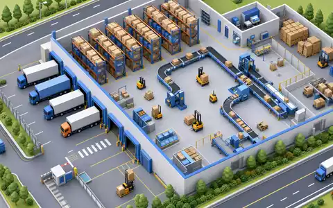 Isometrischer 3D-Render-Illustration eines Miniatur-Logistikzentrums mit Förderbändern, Forklifts und Lieferwagen — symbolische Darstellung der Lieferkette von HelloFresh SE (ISIN DE000A161408) - Foto: THN