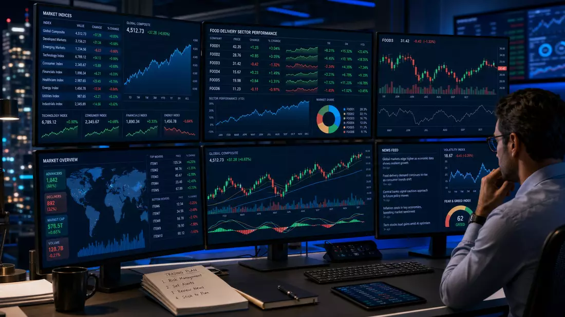 Trading-Desk mit mehreren Monitoren: Kurscharts, Marktindizes und Food-Delivery-Sektordaten