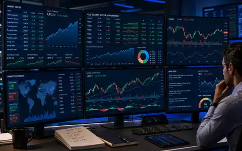 Redaktionelles Finanzfoto eines modernen Trading-Desks mit Monitoren, Kursdiagrammen und Food-Delivery-Sektorperformance — Börsenbild im Kontext der Aktie von HelloFresh SE (ISIN DE000A161408) - Foto: THN