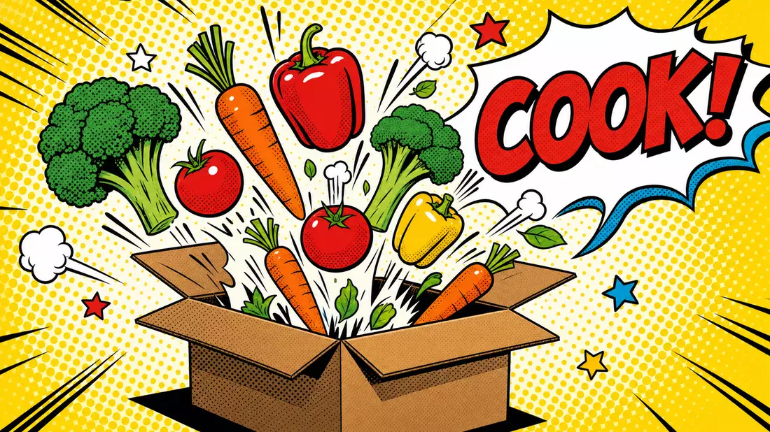 Pop-Art-Comic: Offene Versandbox mit fliegendem Cartoon-Gemüse und Schriftzug COOK!