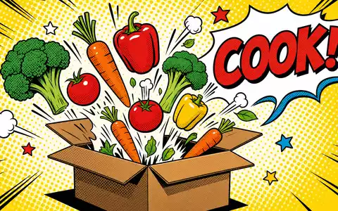 Kräftige Pop-Art-Comic-Illustration im Lichtenstein-Stil: Eine Versandbox, aus der Cartoon-Gemüse dramatisch herausfliegt, mit der Aufschrift 'COOK!' — spielerisches Markenmotiv für HelloFresh SE (ISIN DE000A161408) - Foto: THN