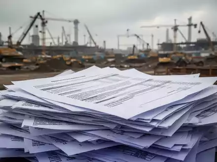 Ein Stapel von Nachhaltigkeitsberichten und Finanzdokumenten, der die bürokratische Last für Unternehmen symbolisiert, mit verschwommenem Industriehintergrund. - Foto: über boerse-global.de