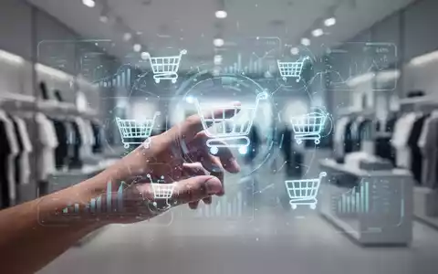 Eine stilisierte menschliche Hand interagiert mit einer holographischen Schnittstelle, die Finanzdaten und Einkaufswagen-Symbole anzeigt. - Foto: über boerse-global.de